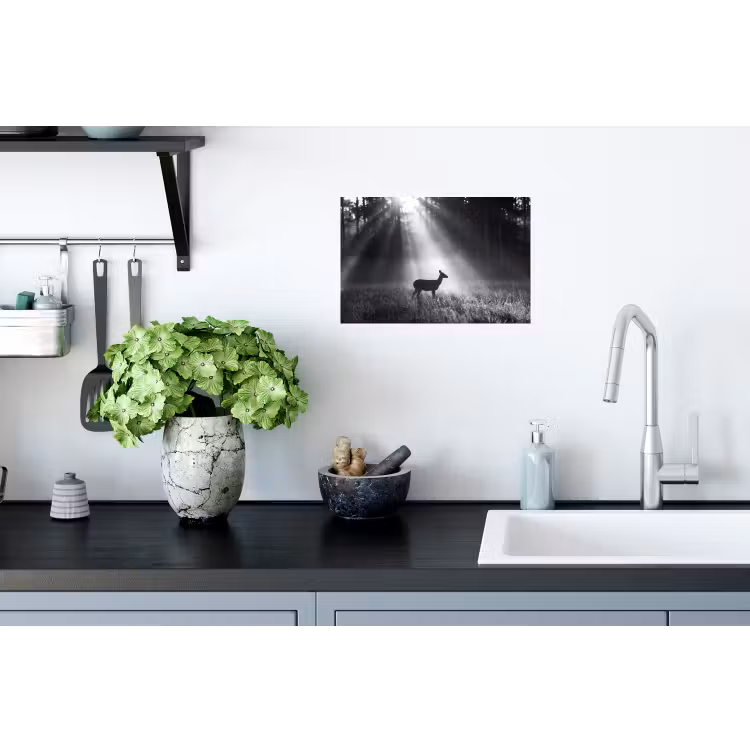 Hert - Bos - Zonnestralen - Zwart-wit - Natuur Muursticker klein -keuken