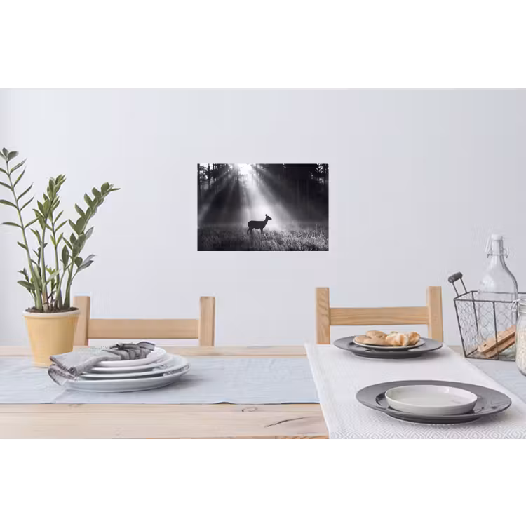 Hert - Bos - Zonnestralen - Zwart-wit - Natuur Muursticker klein -eettafel