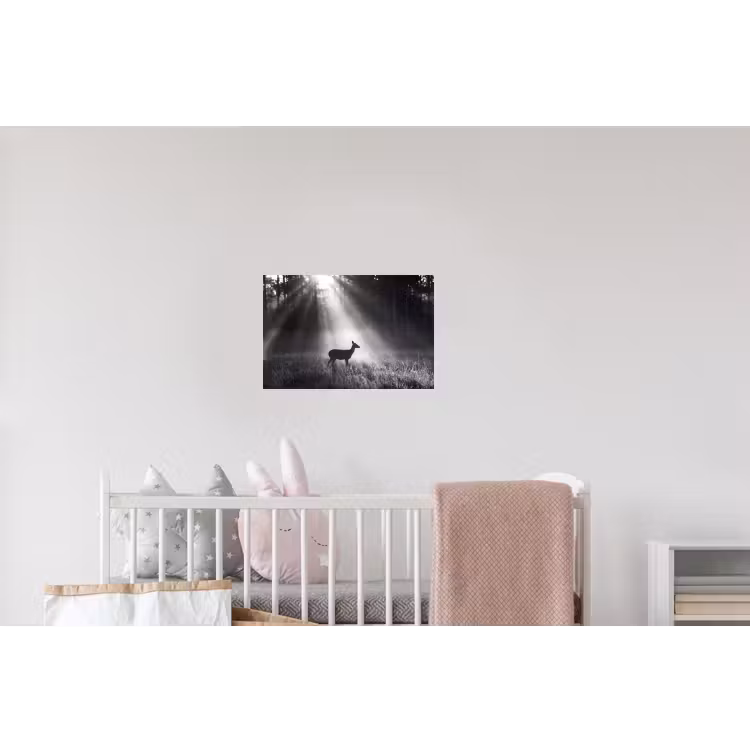 Hert - Bos - Zonnestralen - Zwart-wit - Natuur Muursticker klein -kinderkamer