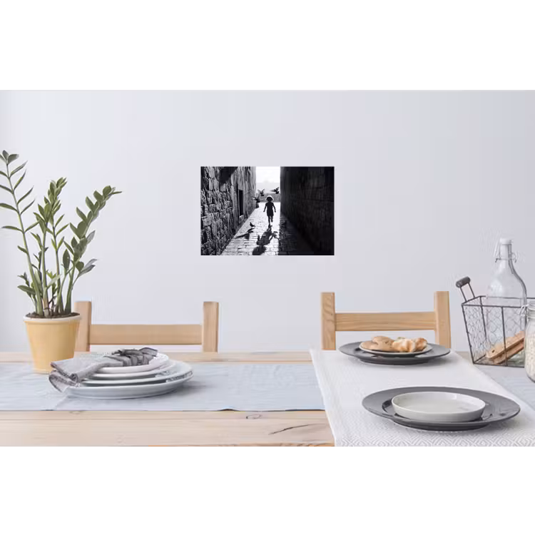 Kind - Vogel - Straat - Zwart-wit - Spelen Muursticker klein -eettafel