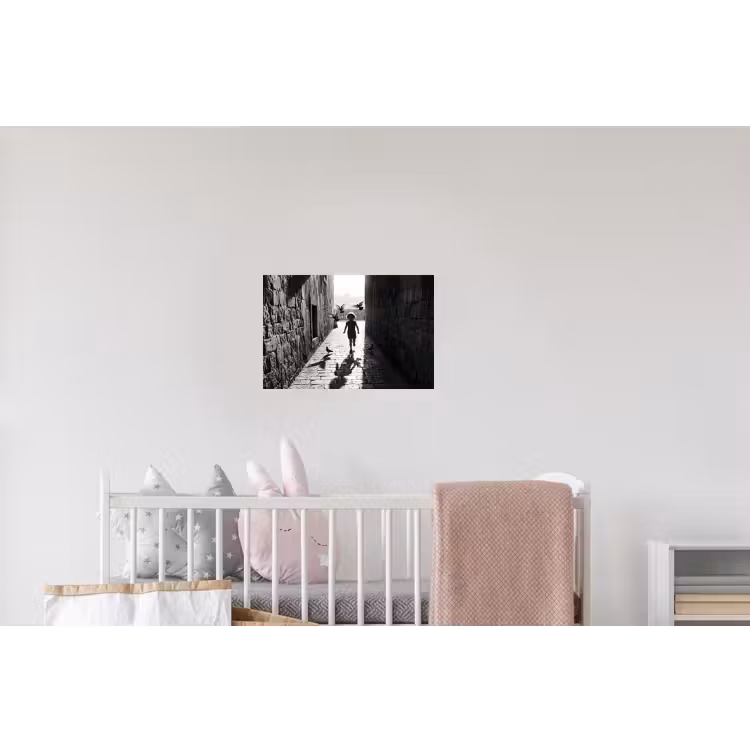 Kind - Vogel - Straat - Zwart-wit - Spelen Muursticker klein -kinderkamer