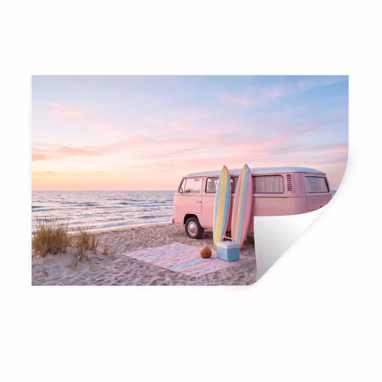 Busje - Strand - Surfplank - Zomer - Roze Muursticker klein -3d