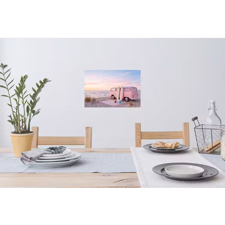 Busje - Strand - Surfplank - Zomer - Roze Muursticker klein -eettafel