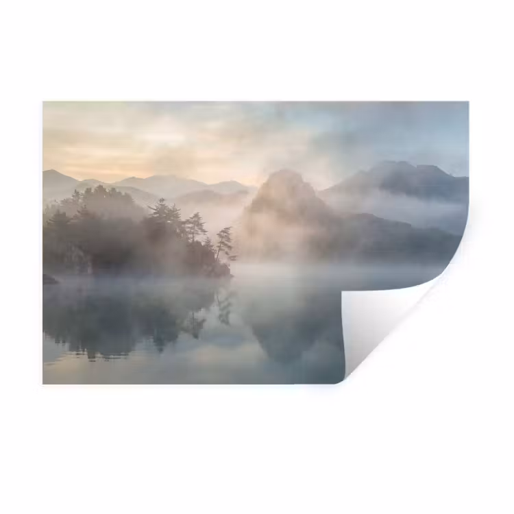 Landschap - Bergen - Mist - Water - Natuur Muursticker klein -3d