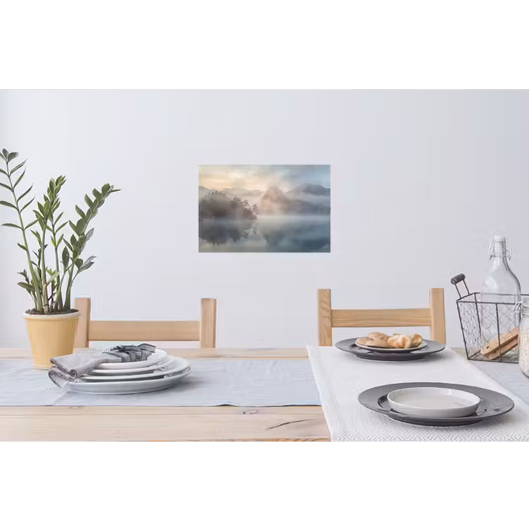 Landschap - Bergen - Mist - Water - Natuur Muursticker klein -eettafel