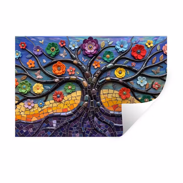 Levensboom - Mozaïek - Bloemen - Kleurrijk - Vrolijk Muursticker klein -3d