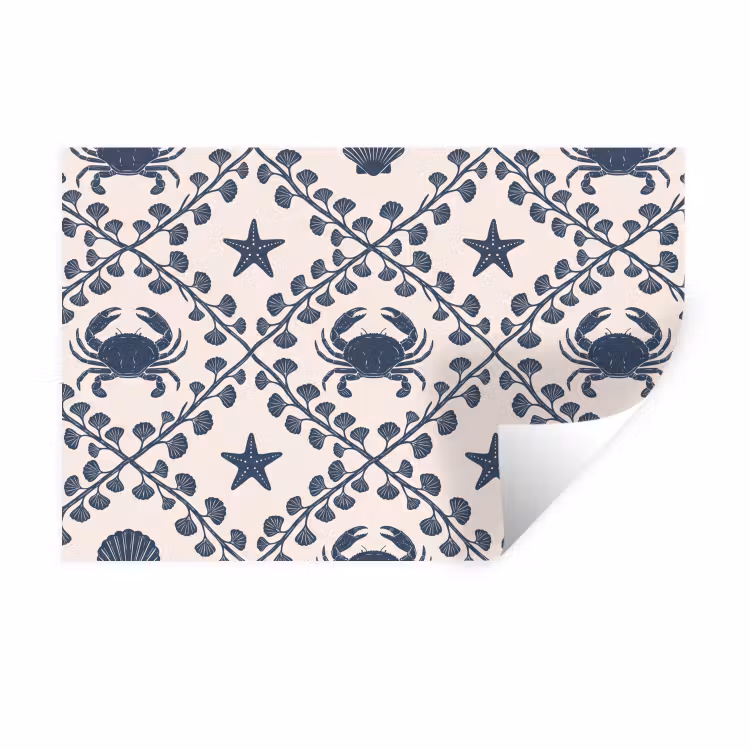 Zee - Krab - Zeester - Patroon - Blauw Muursticker klein -3d