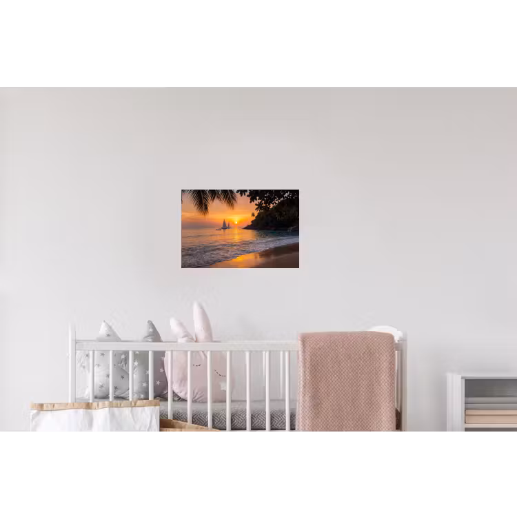 Zee - Zonsondergang - Boot - Natuur - Oranje Muursticker klein -kinderkamer