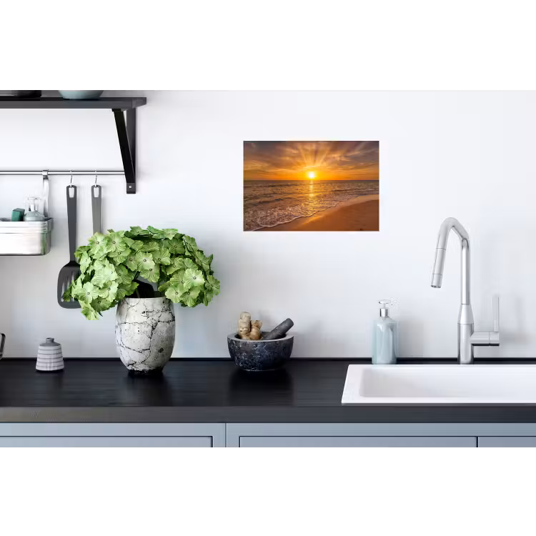 Zee - Zonsondergang - Golven - Kust - Oranje Muursticker klein -keuken