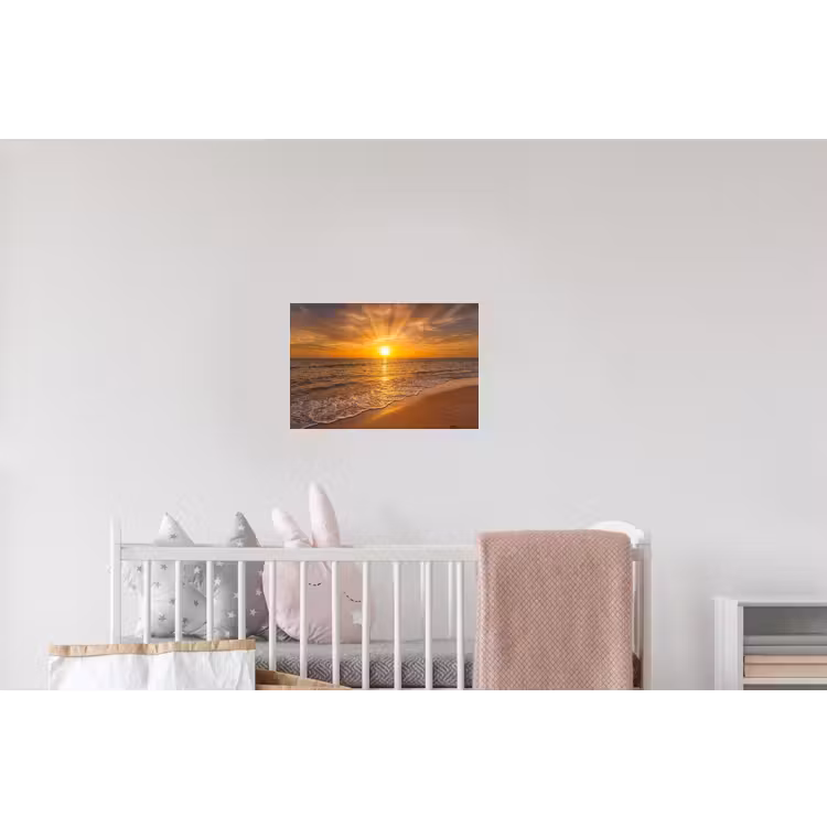 Zee - Zonsondergang - Golven - Kust - Oranje Muursticker klein -kinderkamer