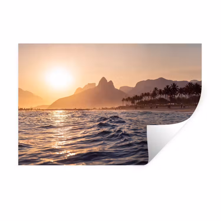 Zee - Golven - Zonsondergang - Kust - Goud Muursticker klein -3d