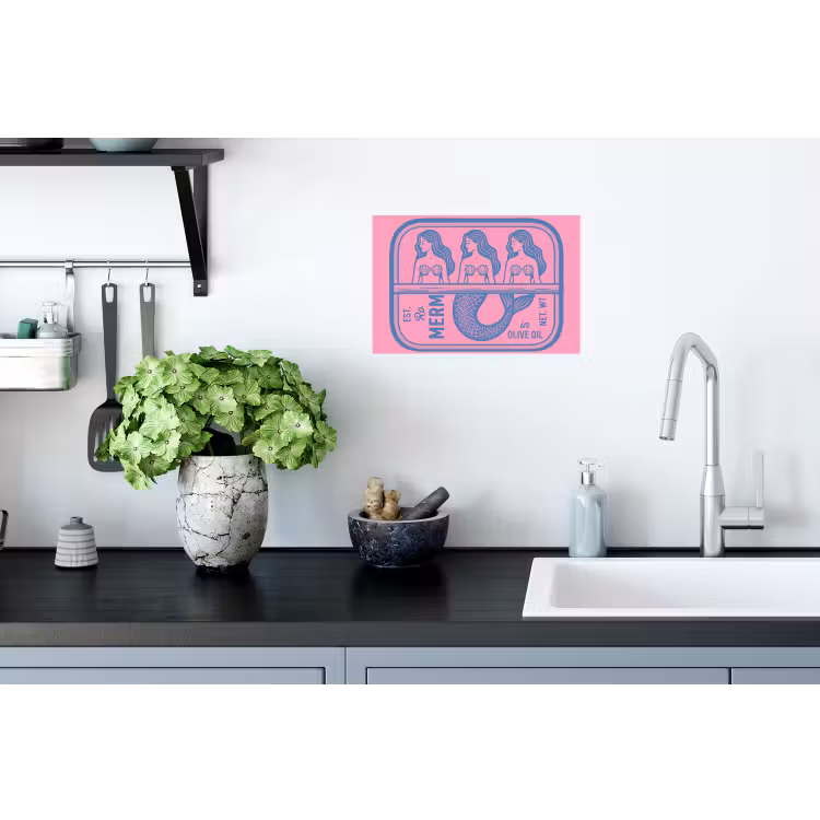 Meermin - Sardineblik - Illustratie - Roze - Retro Muursticker klein -keuken