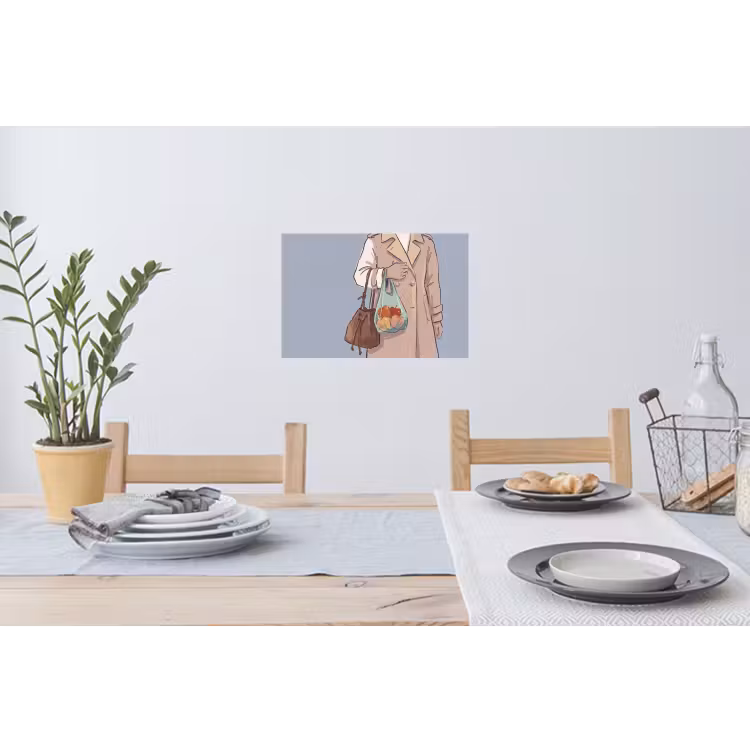 Mensen - Boodschappen - Stadsleven - Modern - Kleurrijk Muursticker klein -eettafel