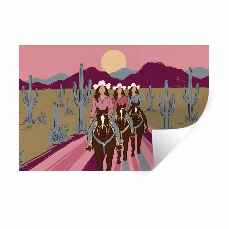Mensen - Paard - Woestijn - Abstract - Roze Muursticker klein -3d
