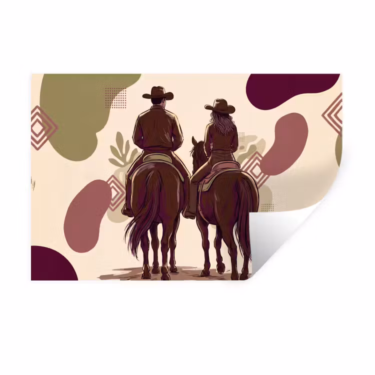 Mensen - Ruiters - Western - Illustratie - Bruin Muursticker klein -3d
