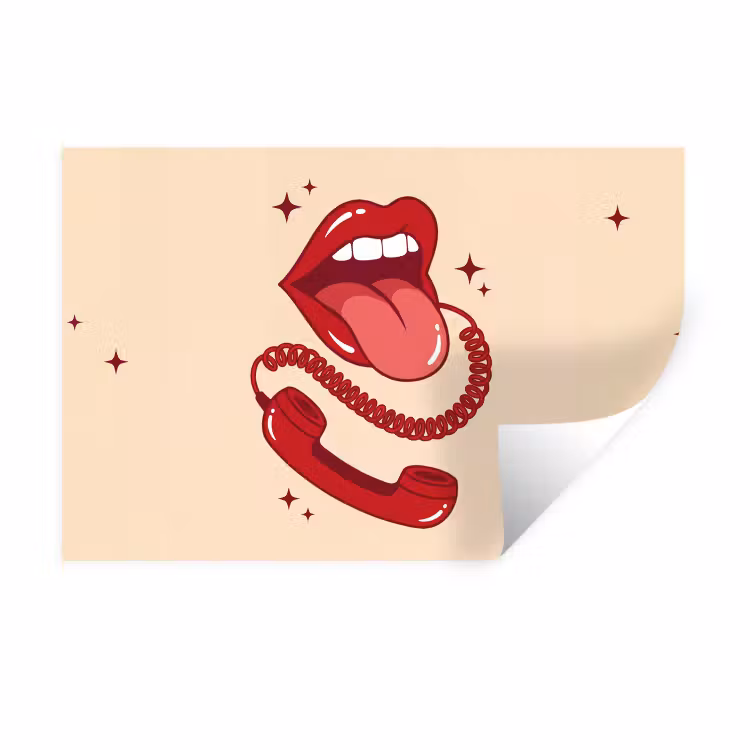 Mond - Telefoon - Popart - Rood - Illustratie Muursticker klein -3d