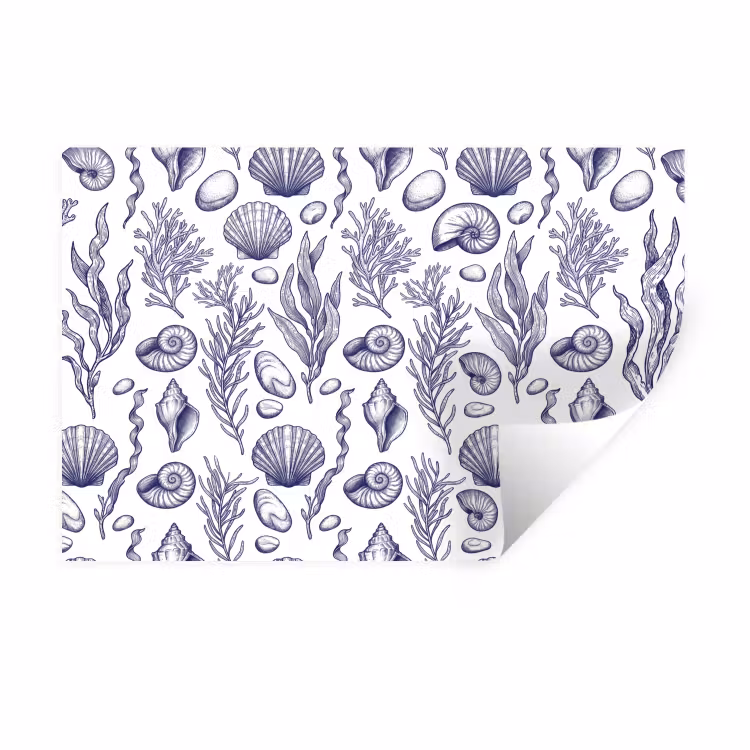 Schelpen - Zeewier - Oceaan - Illustratie - Blauw Muursticker klein -3d