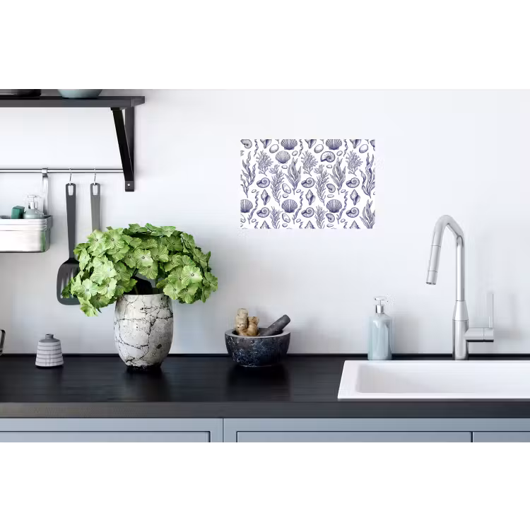 Schelpen - Zeewier - Oceaan - Illustratie - Blauw Muursticker klein -keuken