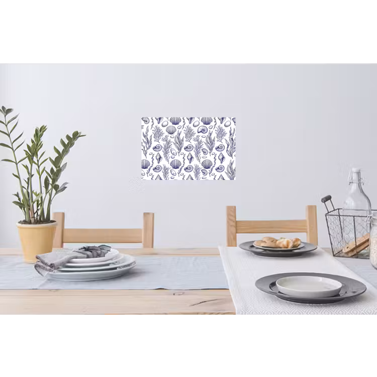 Schelpen - Zeewier - Oceaan - Illustratie - Blauw Muursticker klein -eettafel