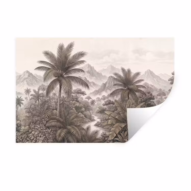 Natuur - Bergen - Rivier - Tropisch - Vintage Muursticker klein -3d