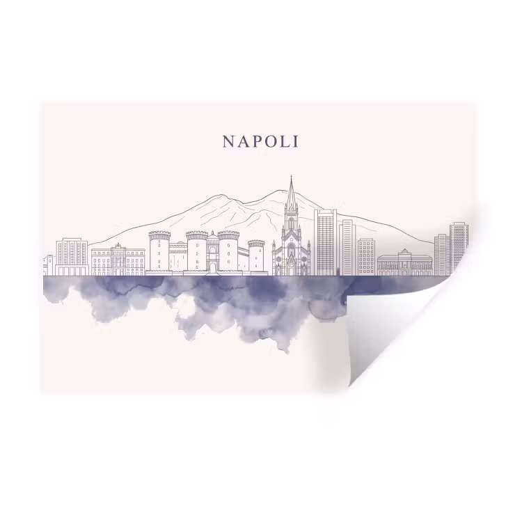 Napels - Skyline - Italie - Lijntekening - Aquarel Muursticker klein -3d
