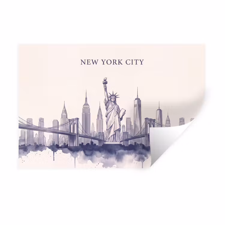 New York - Vrijheidsbeeld - Skyline - Illustratie - Blauw Muursticker klein -3d