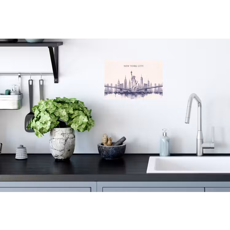 New York - Vrijheidsbeeld - Skyline - Illustratie - Blauw Muursticker klein -keuken