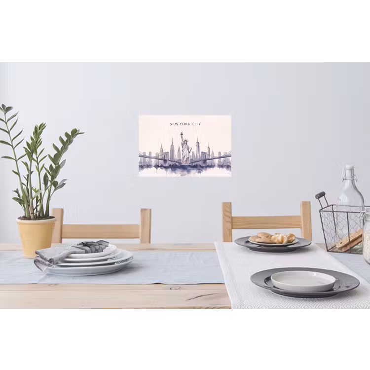 New York - Vrijheidsbeeld - Skyline - Illustratie - Blauw Muursticker klein -eettafel