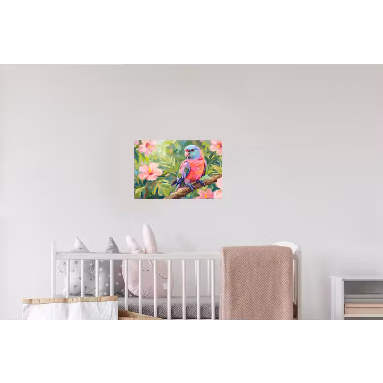 Papagaai - Hibiscusbloemen - Kleurrijk Muursticker klein -kinderkamer