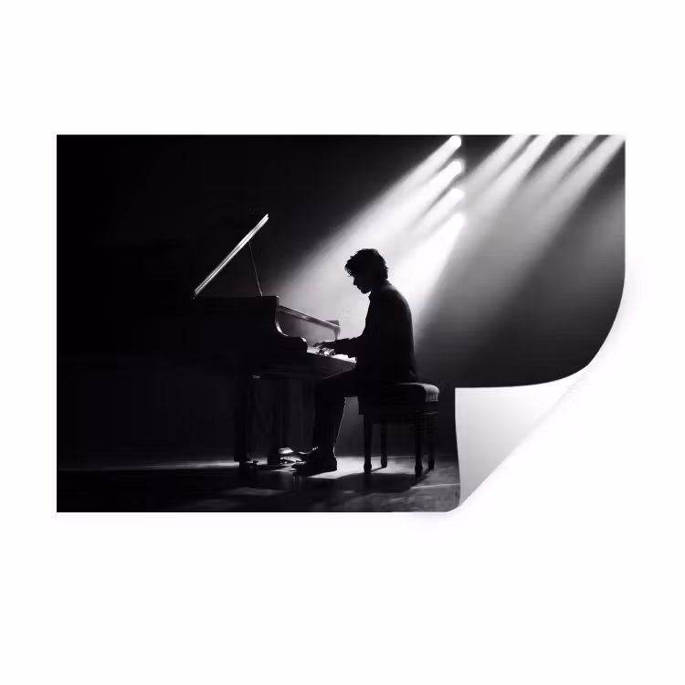 Persoon - Piano - Muziek - Zwart-wit - Podium Muursticker klein -3d