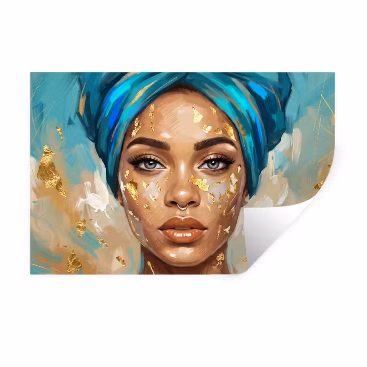 Portret - Vrouw - Schilderij - Blauw - Goud - Expressief Muursticker klein -3d
