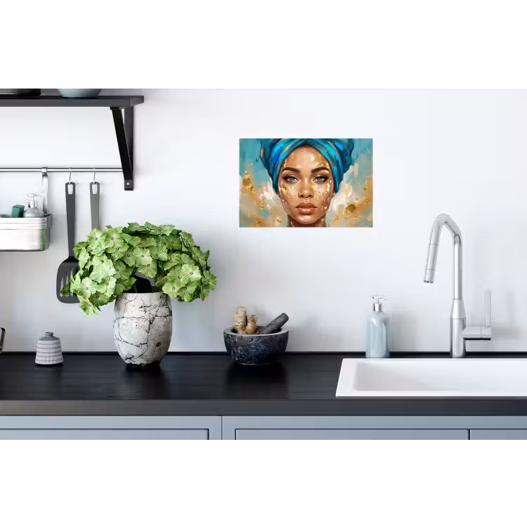 Portret - Vrouw - Schilderij - Blauw - Goud - Expressief Muursticker klein -keuken