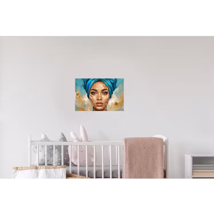 Portret - Vrouw - Schilderij - Blauw - Goud - Expressief Muursticker klein -kinderkamer