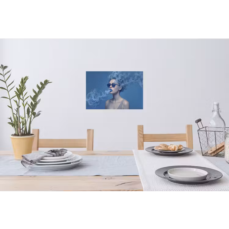 Portret - Zonnebril - Rook - Abstract - Blauw Muursticker klein -eettafel