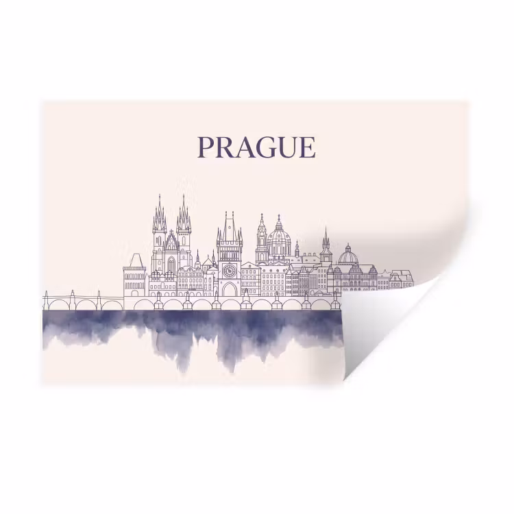 Praag - Skyline - Architectuur - Blauw Muursticker klein -3d
