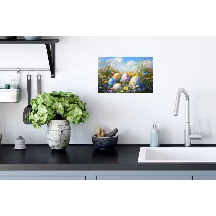 Grasveld - Eieren - Bloemen Muursticker klein -keuken