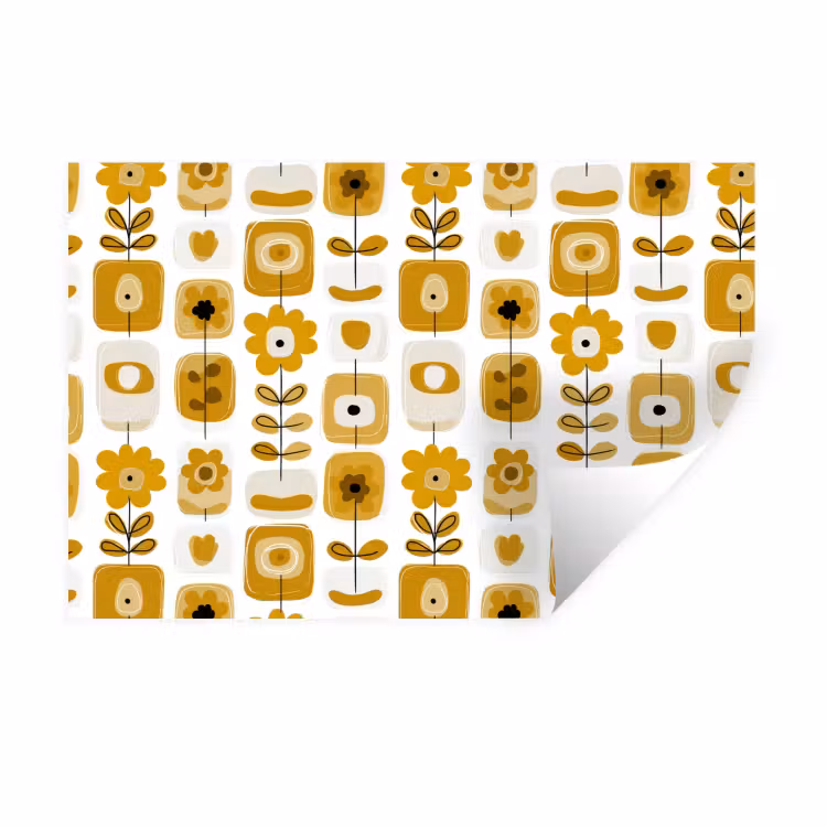 Retro - Abstract - Bloemen - Okergeel Muursticker klein 286 -3d