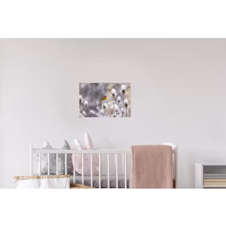 Roodborstje - Gedroogde bloem - Sneeuw - Winter - Vertederend Muursticker klein -kinderkamer