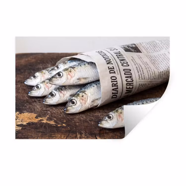 Wandtattoo – Sardine – Zeitung – Schneidebrett - Sardientje - krant - snijplank Muursticker klein