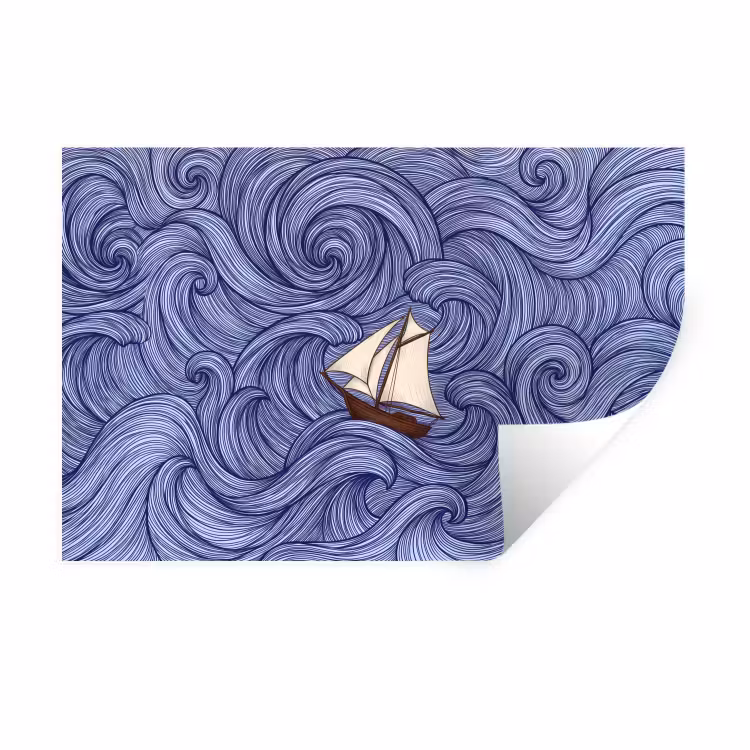 Schip - Golven - Zee - Illustratie - Blauw Muursticker klein -3d