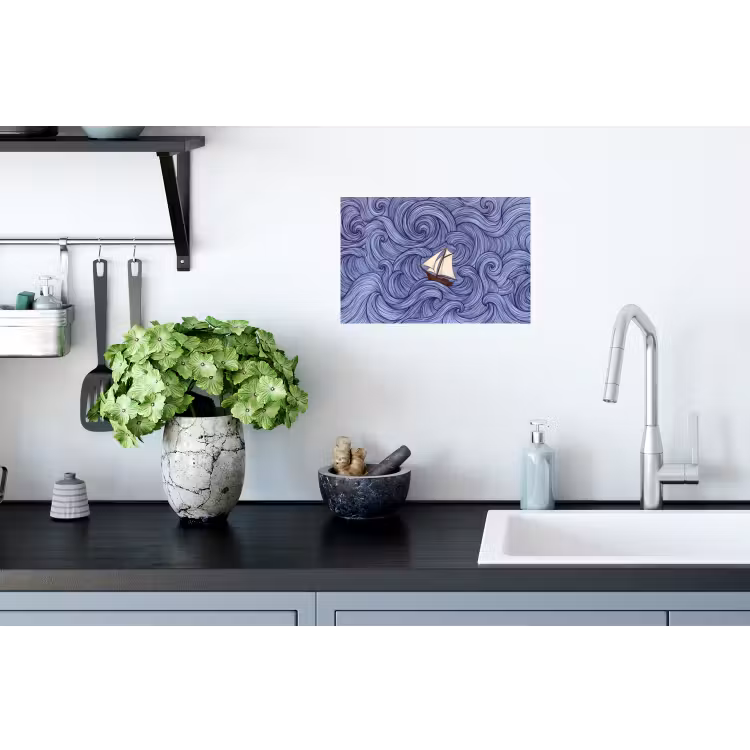 Schip - Golven - Zee - Illustratie - Blauw Muursticker klein -keuken