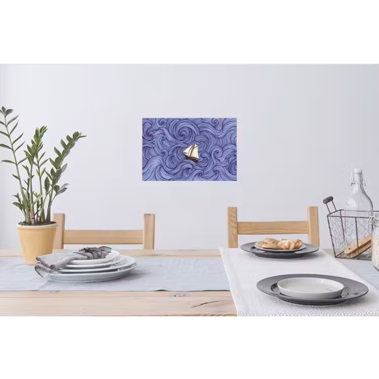 Schip - Golven - Zee - Illustratie - Blauw Muursticker klein -eettafel