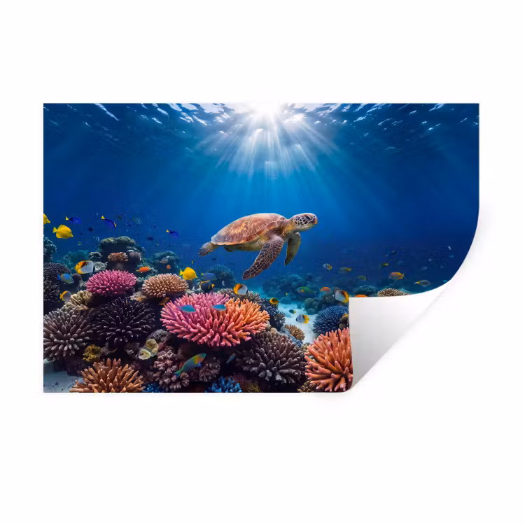 Schildpad - Koraalrif - Oceaan - Dieren - Blauw Muursticker klein -3d