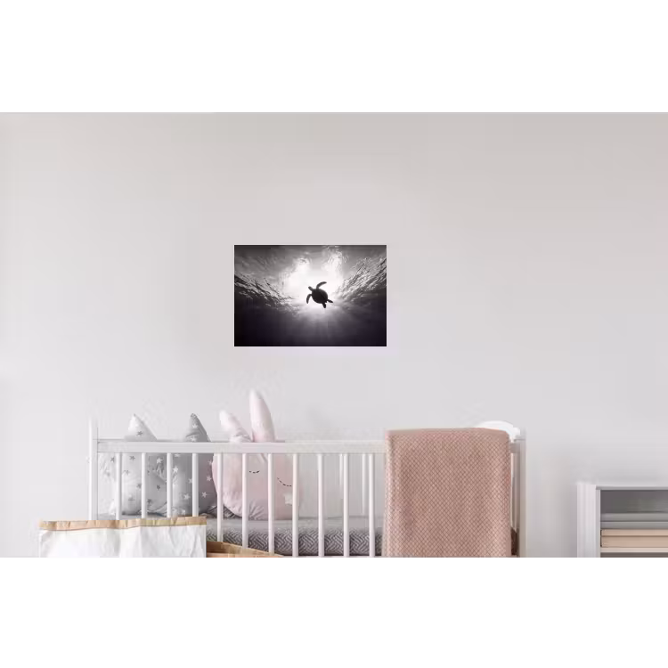 Schildpad - Onderwater - Lichtstralen - Oceaan - Zwart-wit Muursticker klein -kinderkamer