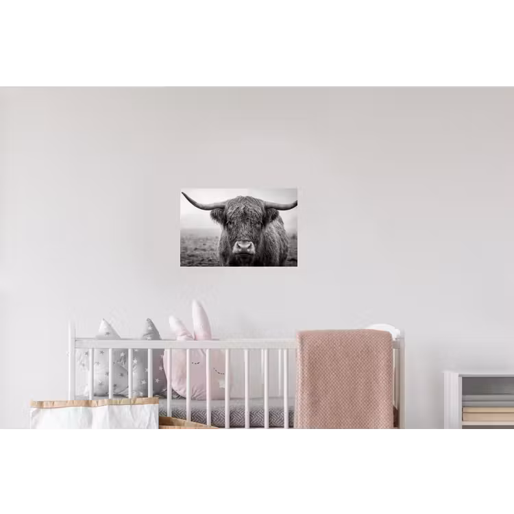 Schotse hooglander - Zwart - Wit - Gras Muursticker klein -kinderkamer