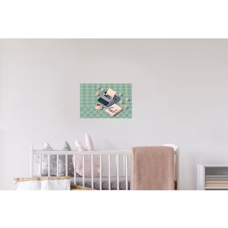 Typemachine - Kantoor - Vintage - Illustratie - Groen Muursticker klein -kinderkamer