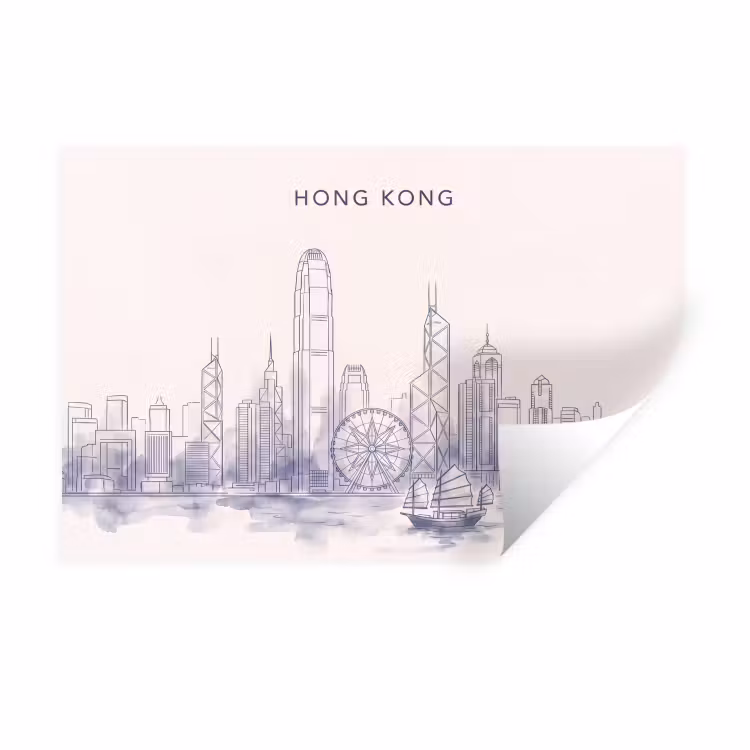 Stad - Skyline - Water - Lijntekening - Blauw Muursticker klein -3d