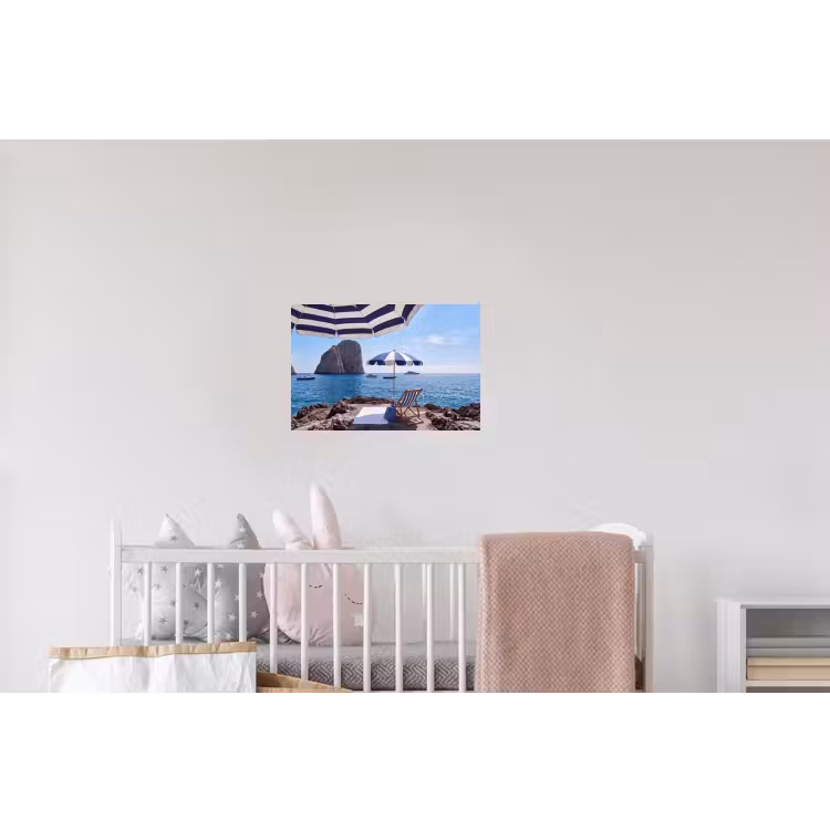 Strand - Ligstoel - Parasol - Zomer - Blauw Muursticker klein -kinderkamer