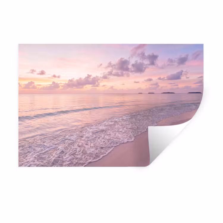 Strand - Zonsondergang - Natuur - Minimalistisch - Roze Muursticker klein -3d