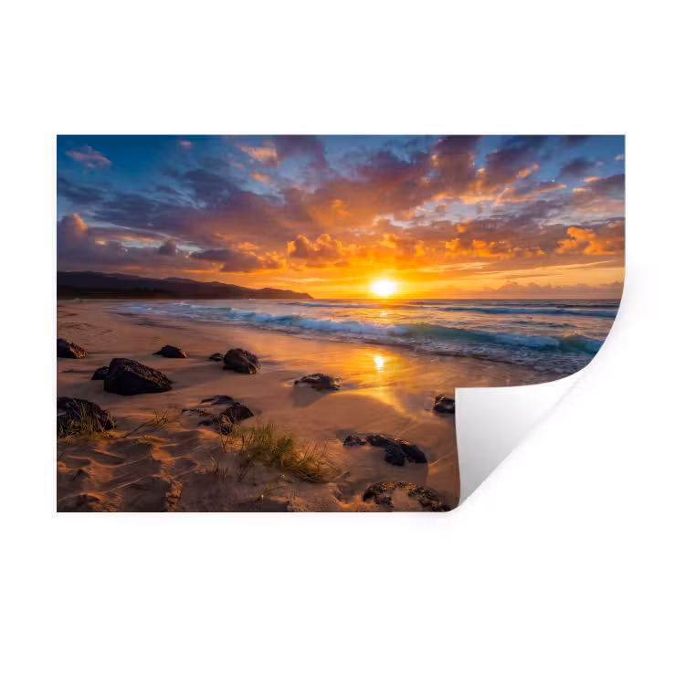 Strand - Zonsondergang - Golven - Natuur - Oranje Muursticker klein -3d